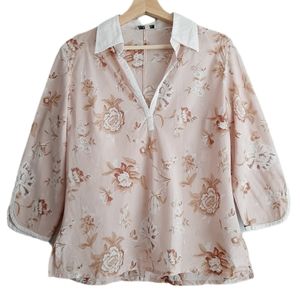 🍒 RW&CO. Floral Elbow Sleeve Split Neck Blouse Top Pink Sz L
